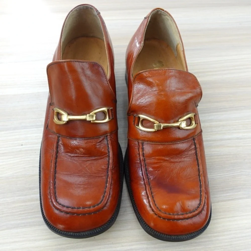 VINTAGE Italian Shoes Kids 35 2.5 Bourbon Brown Leather Horsebit Loafer‎ Formal